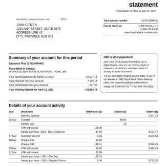 Canada Royal Bank of Canada (RBC) bank statement, Word and PDF template,version 3 download template file