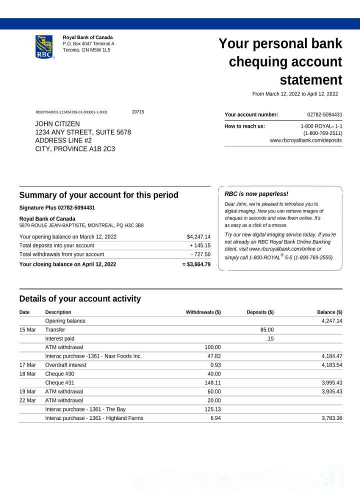 Canada Royal Bank of Canada (RBC) bank statement, Word and PDF template,version 3 download template file