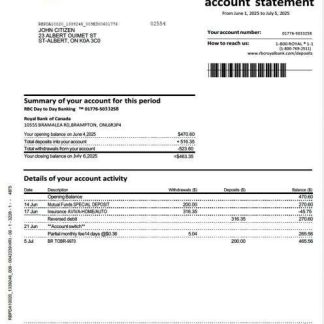 Canada Royal Bank of Canada account statement Word and PDF template download template file