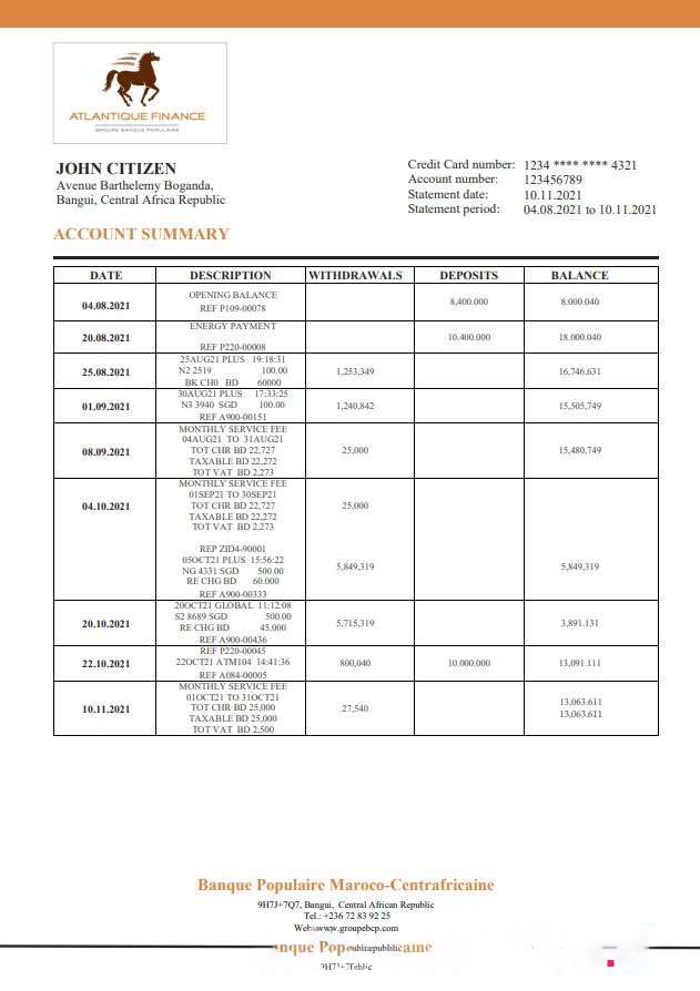Central African Republic Banque Populaire Maroco Centrafricaine bank statement download template file