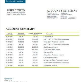Central African Republic Ecobank bank statement template in Word and PDF format download template file