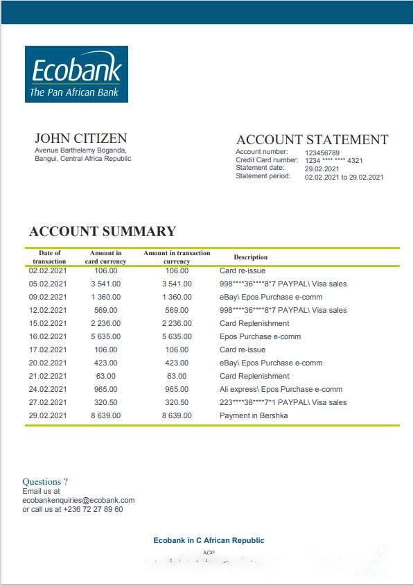 Central African Republic Ecobank bank statement template in Word and PDF format download template file