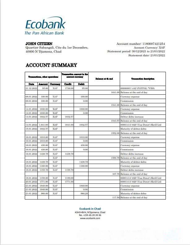 Chad Ecobank bank statement Excel and PDF template, completely editable (AutoSum) download template file