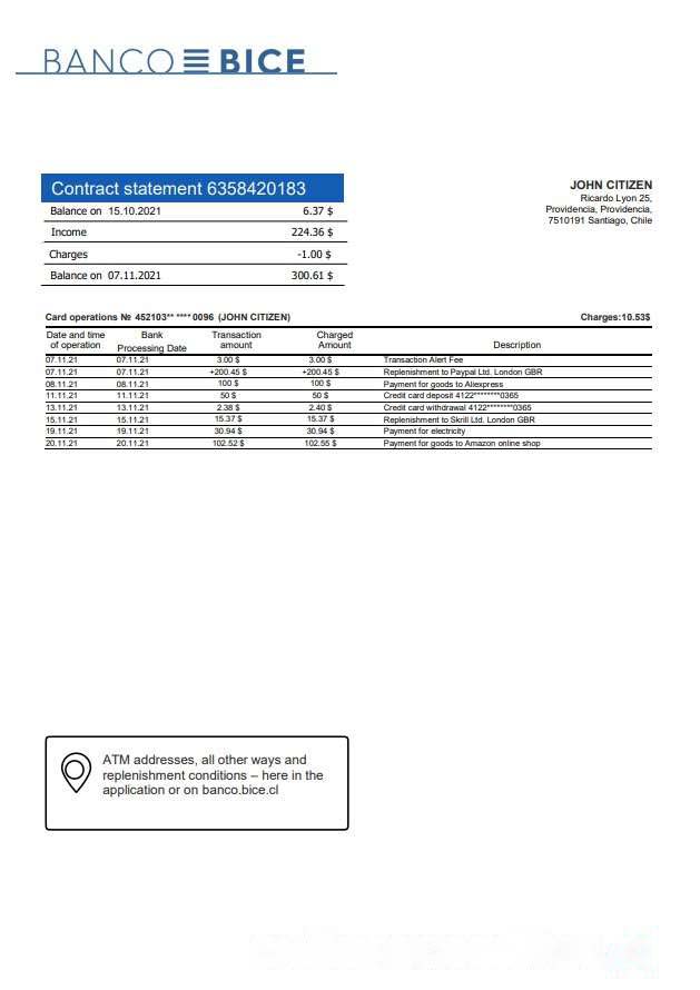 Chile Banco Bice bank statement download template file