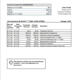 Chile Banco Bice bank statement template, Excel and PDF format download template file