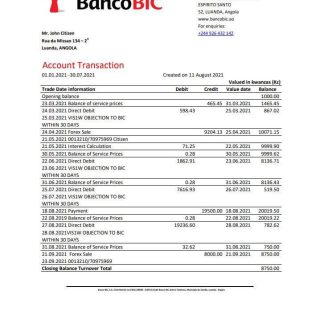 Angola Banco BIC bank statement template in Excel and PDF format download template file