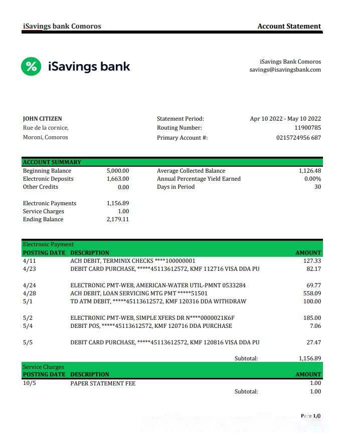Comoros iSavings bank statement xls download template file