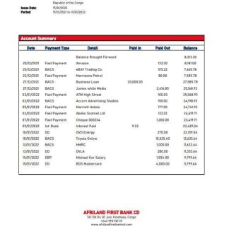 Congo Afriland First bank statement template, Word and PDF format download template file