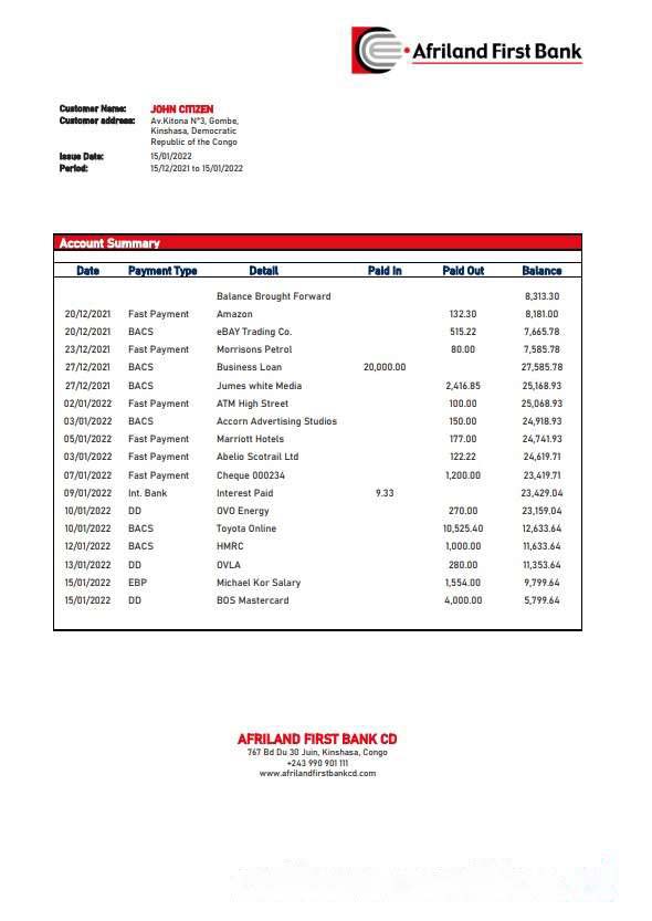 Congo Afriland First bank statement template, Word and PDF format download template file