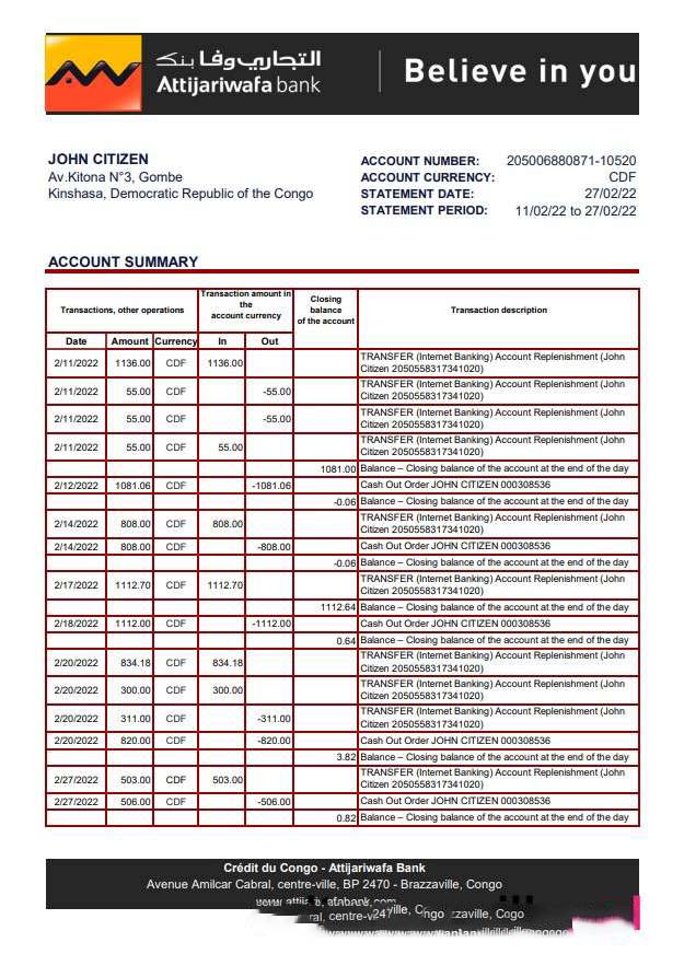 Congo Credit du Congo bank statement xls download template file