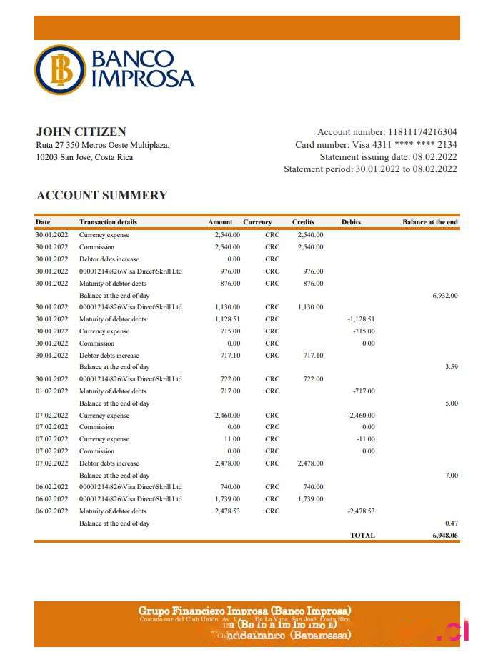 Costa Rica Banco Improsa bank statement xls download template file