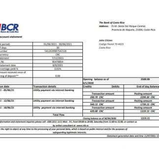 Costa Rica The Bank of Costa Rica bank statement easy to fill template in Excel and PDF format download template file