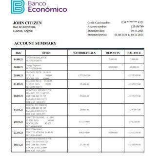 Angola Banco Ecenomico bank statement template in Excel and PDF format download template file