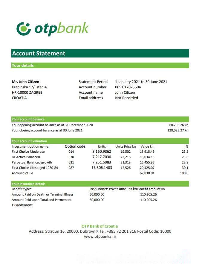 Croatia OTP Bank statement easy to fill template in Excel and PDF format download template file