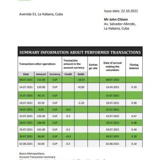 Cuba Banco Metropolitano bank proof of address statement template in Word and PDF format download template file