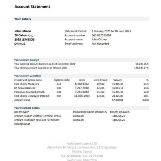 Cyprus Alpha Bank statement easy to fill template in Excel and PDF format download template file