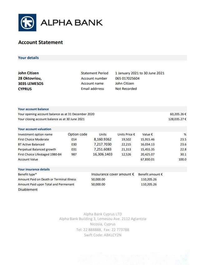 Cyprus Alpha Bank statement easy to fill template in Excel and PDF format download template file