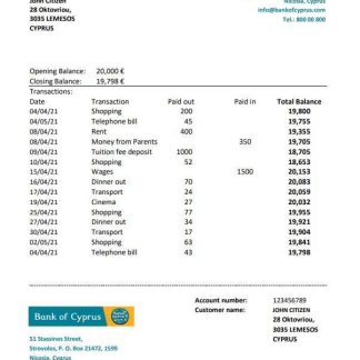 Cyprus Bank of Cyprus bank statement easy to fill template in .xls and .pdf file format download template file