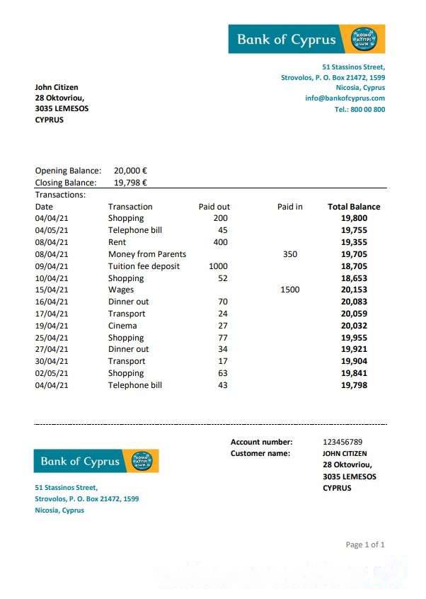 Cyprus Bank of Cyprus bank statement easy to fill template in .xls and .pdf file format download template file