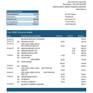 Czech HSBC bank statement easy to fill template in Excel and PDF format download template file
