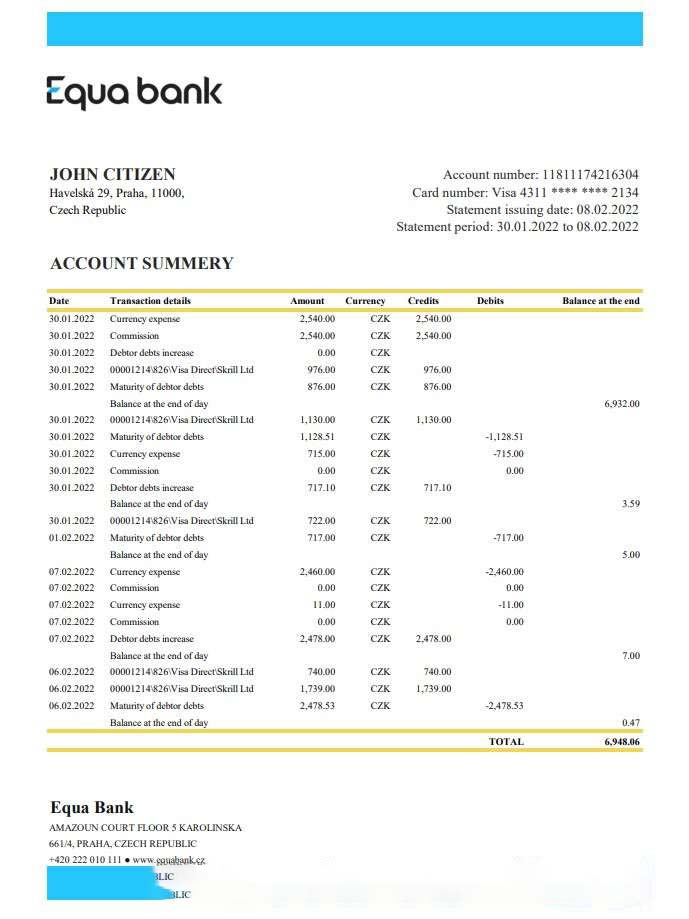 Czechia Equabank statement xls download template file
