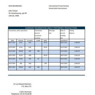 Denmark Danskebank bank statement easy to fill template in Excel and PDF format download template file