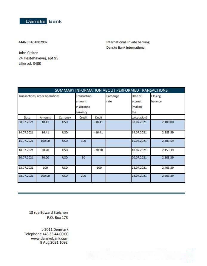 Denmark Danskebank bank statement easy to fill template in Excel and PDF format download template file
