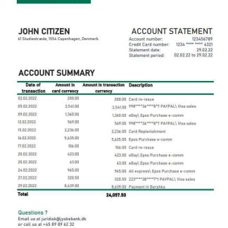 Denmark Jyske bank statement xls download template file