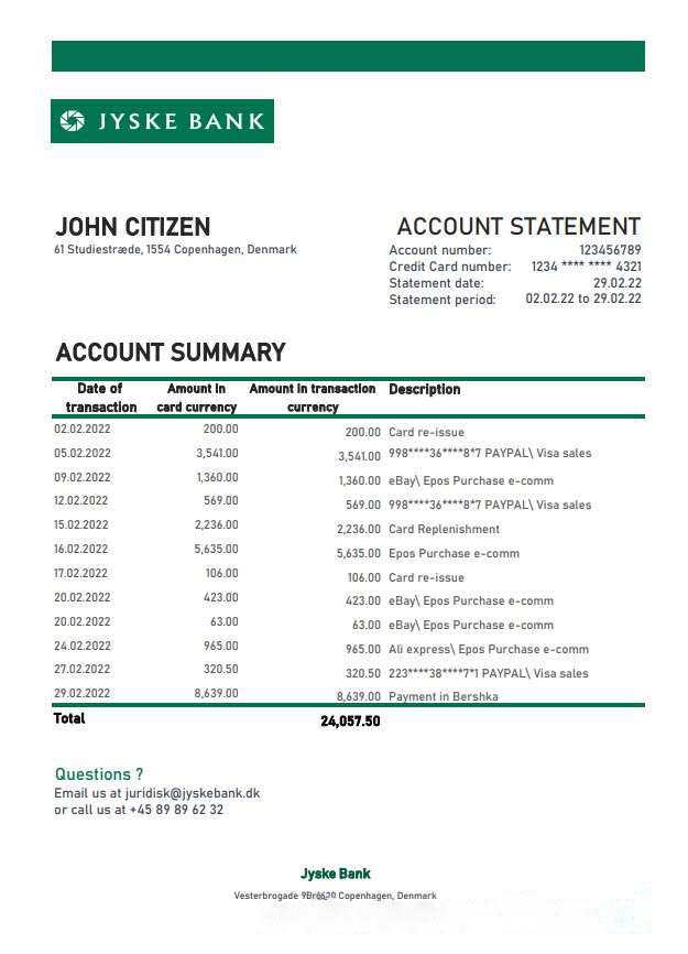 Denmark Jyske bank statement xls download template file