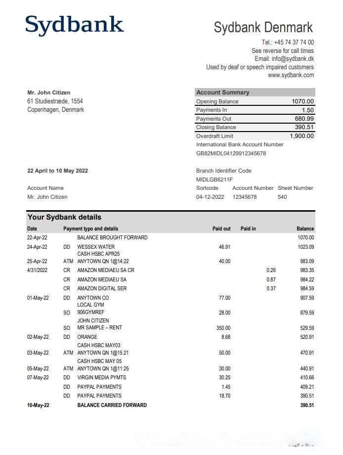 Denmark Sydbank statement xls download template file