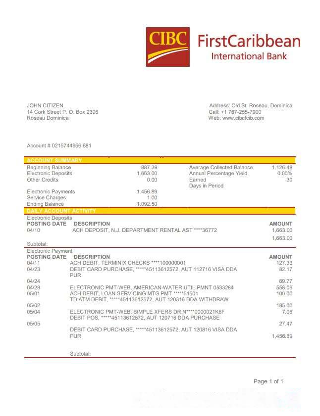 Dominica CIBC First Caribbean International Bank statement download template file
