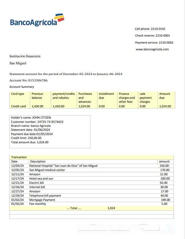 Dominican Republic Banco Agricola bank statement 3 ?C 6 months Word and PDF example download template file