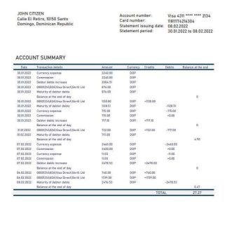 Dominican Republic Banco Vimenca bank statement template, Word and PDF format download template file