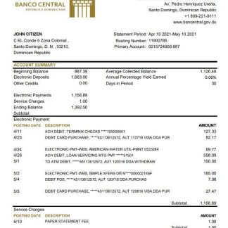 Dominican Republic Central Bank Of The Dominican Republic bank statement template in Excel and PDF format download template file