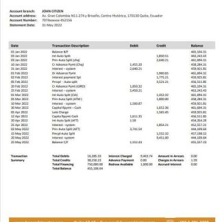Ecuador Banco del Austro bank statement template, Word and PDF format download template file