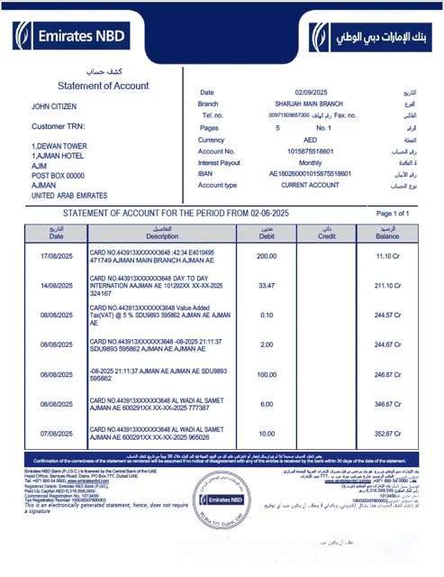 Emirates NBD statement of account Word and PDF template download template file