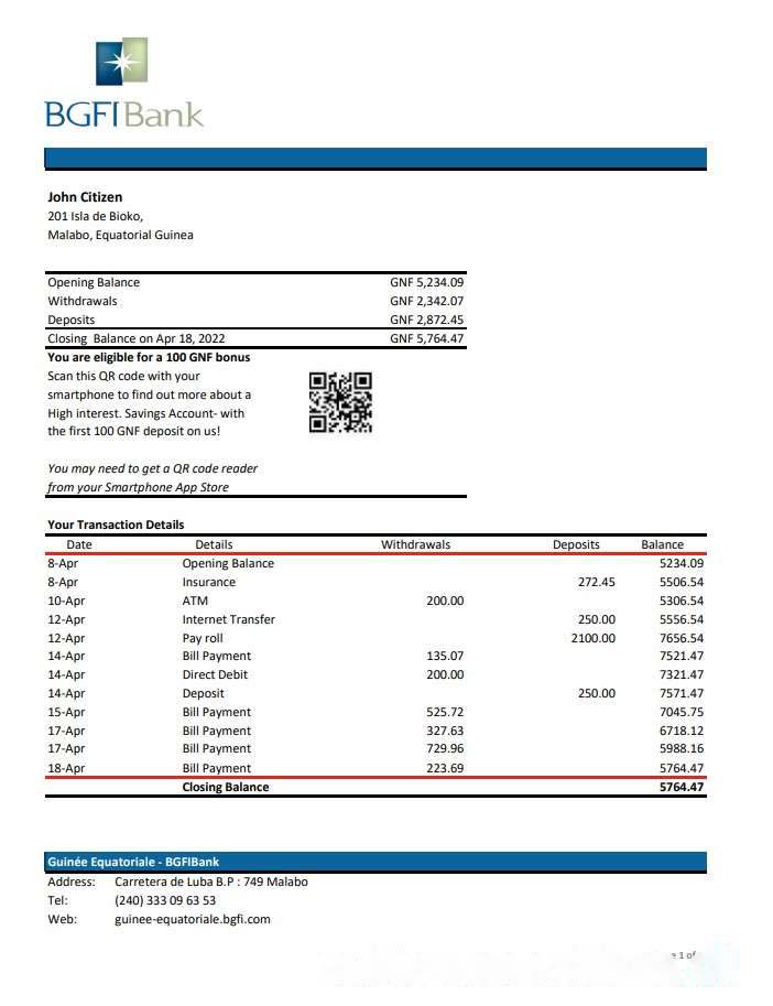 Equatorial Guinea BGFI Bank Statement xls download template file