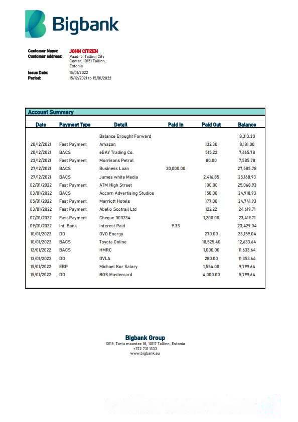 Estonia Bigbank bank statement template, Word and PDF format download template file