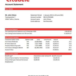 Estonia Citadele banka Eesti filiaal AS bank statement template in Excel and PDF format download template file