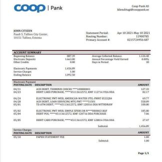 Estonia Coop Pank proof of address bank statement template in Word and PDF format download template file