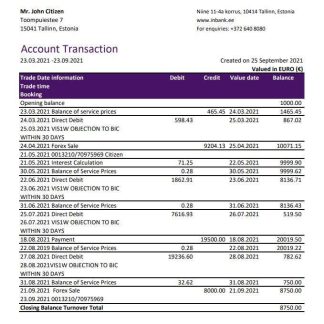 Estonia Inbank bank statement easy to fill template in Excel and PDF format download template file