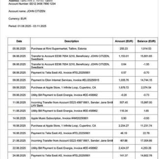 Estonia LHV Bank account statement Word and PDF template download template file