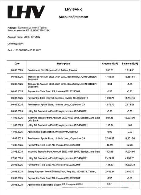 Estonia LHV Bank account statement Word and PDF template download template file