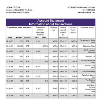 Ethiopia Awash Bank statement xls download template file