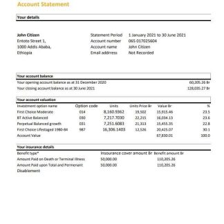 Ethiopia Bank of Abyssinia bank statement easy to fill template in .xls and .pdf file format download template file
