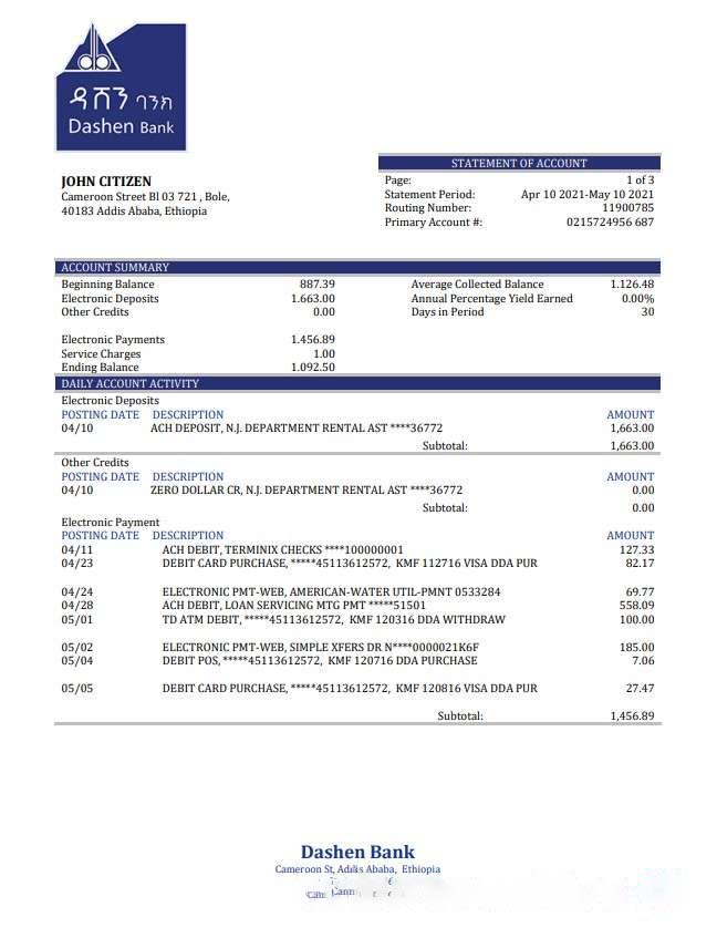 Ethiopia Dashen Bank statement download template file