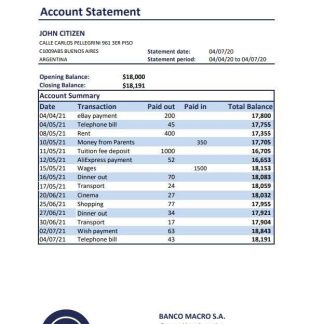 Argentina Banco Macro S. A. bank statement template in Excel and PDF format download template file