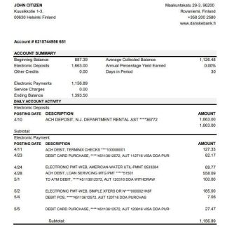 Finland Danske bank statement easy to fill template in .xls and .pdf file format download template file