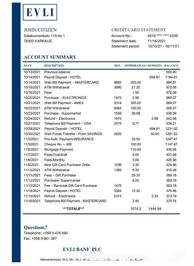 Finland Evli Bank PLC bank statement easy to fill template in Excel and PDF format download template file