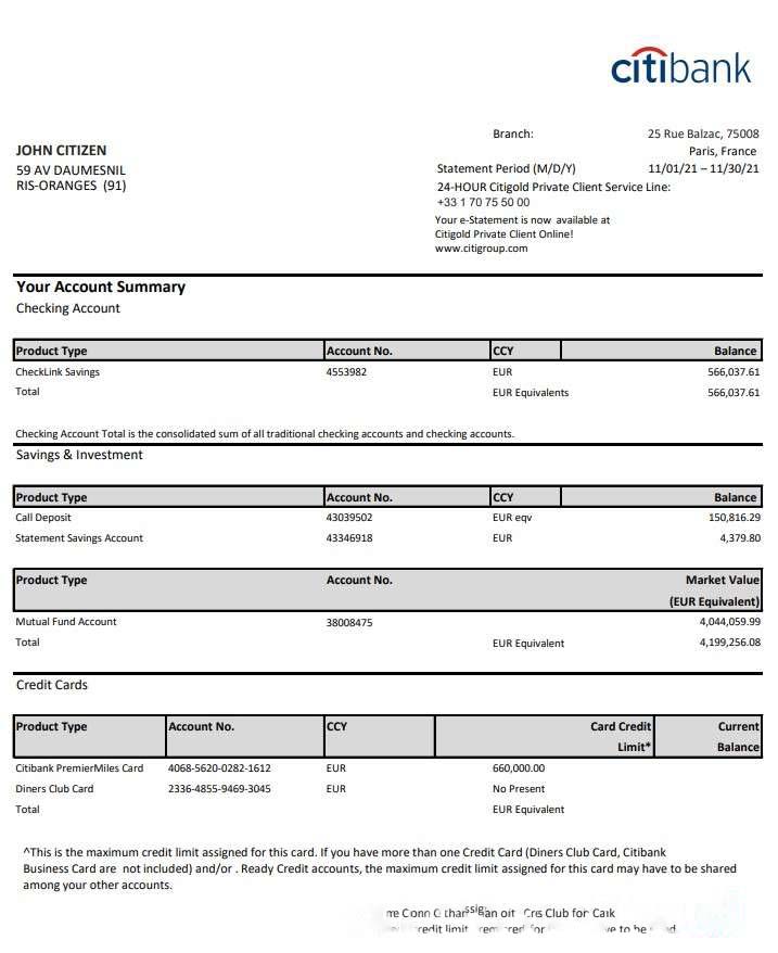 France Citibank bank statement template in .xls and .pdf file format download template file